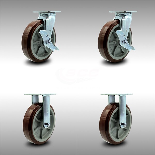 8 Inch SS Polyurethane Caster Set with Roller Bearings 2 Brakes 2 Rigid SCC